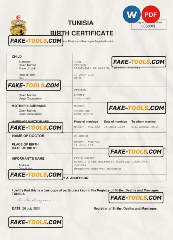 Tunisia vital record birth certificate Word and PDF template, completely editable