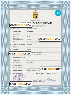 Tunisia vital record death certificate PSD template, fully editable