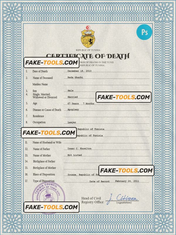 Tunisia vital record death certificate PSD template, fully editable