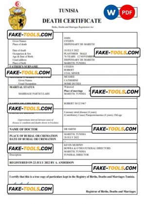 Tunisia vital record death certificate Word and PDF template