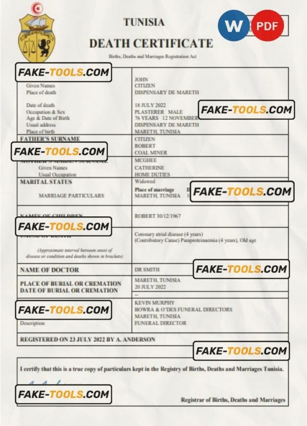 Tunisia vital record death certificate Word and PDF template