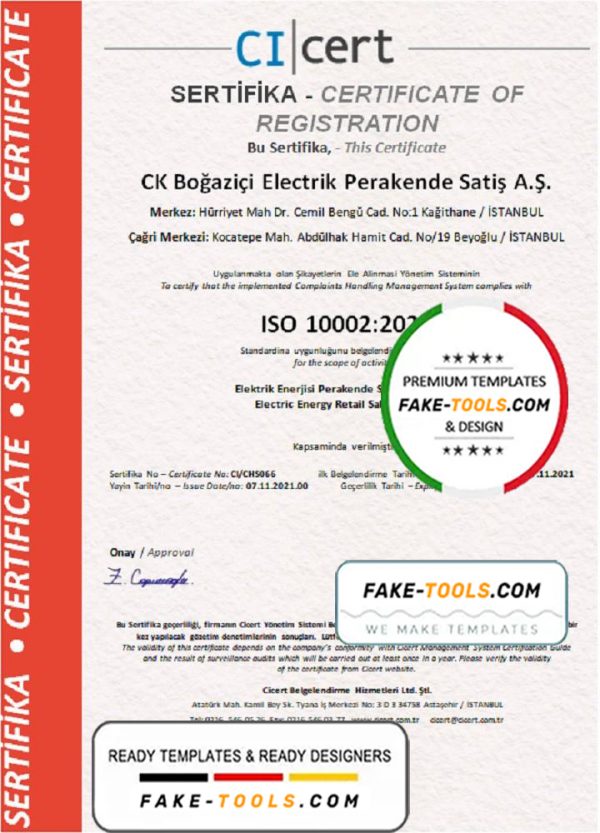 Turkey Cicert certificate template in Word and PDF format, fully editable