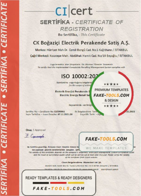 Turkey Cicert certificate template in Word and PDF format, fully editable