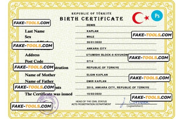Turkey birth certificate PSD template, completely editable