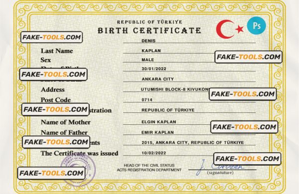 Turkey birth certificate PSD template, completely editable