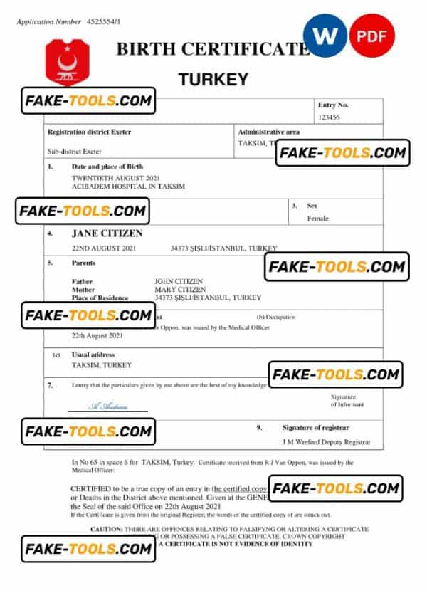 Turkey birth certificate Word and PDF template, completely editable