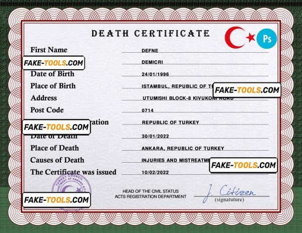 Turkey death certificate PSD template, completely editable