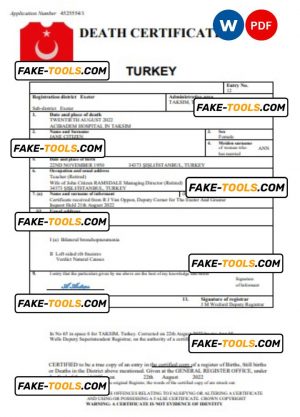 Turkey vital record death certificate Word and PDF template
