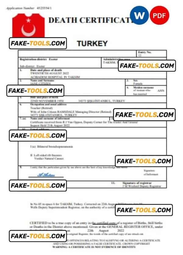 Turkey vital record death certificate Word and PDF template