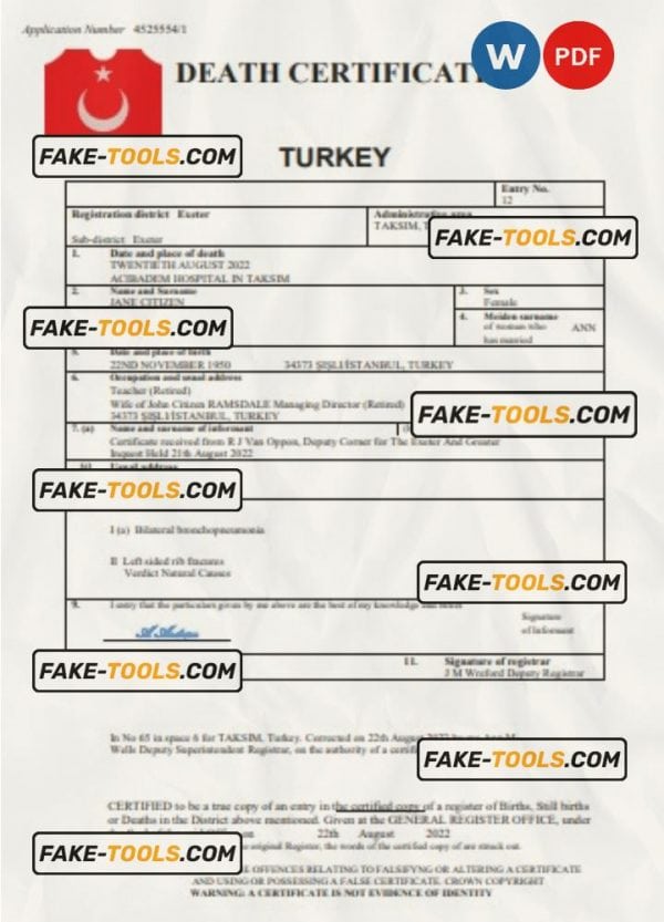 Turkey vital record death certificate Word and PDF template