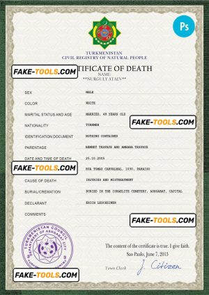 Turkmenistan death certificate PSD template, completely editable