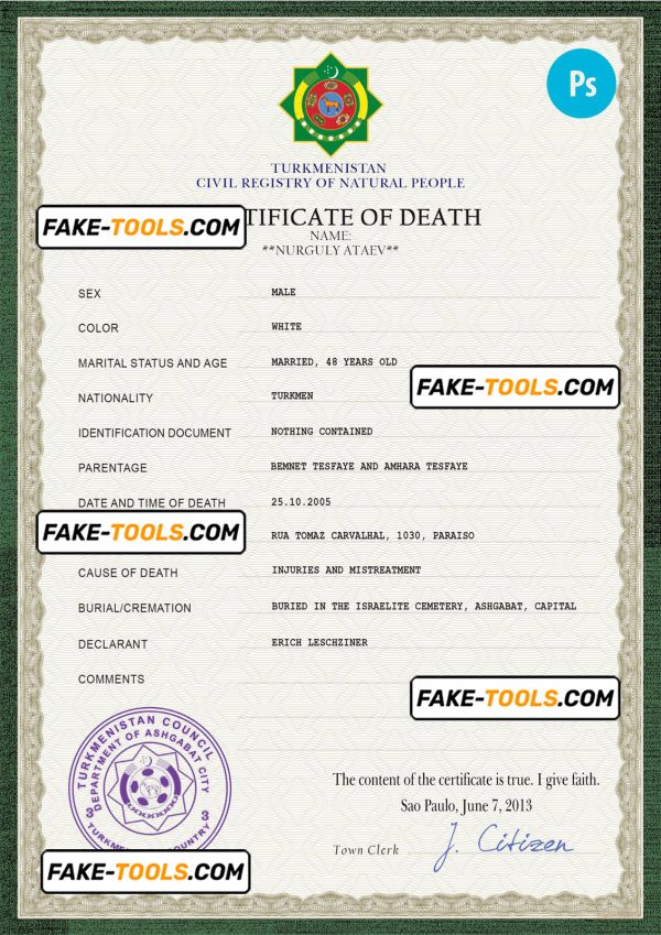 Turkmenistan death certificate PSD template, completely editable