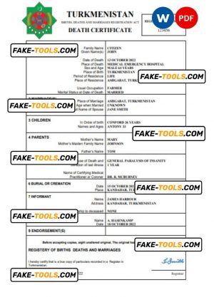 Turkmenistan death certificate Word and PDF template, completely editable