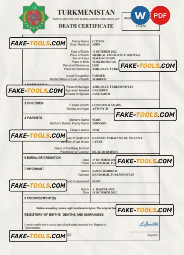 Turkmenistan death certificate Word and PDF template, completely editable