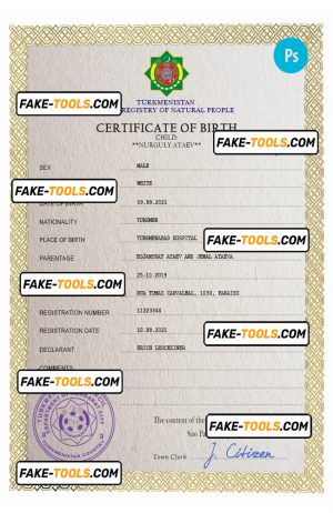 Turkmenistan vital record birth certificate PSD template, fully editable