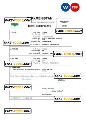 Turkmenistan vital record birth certificate Word and PDF template, completely editable