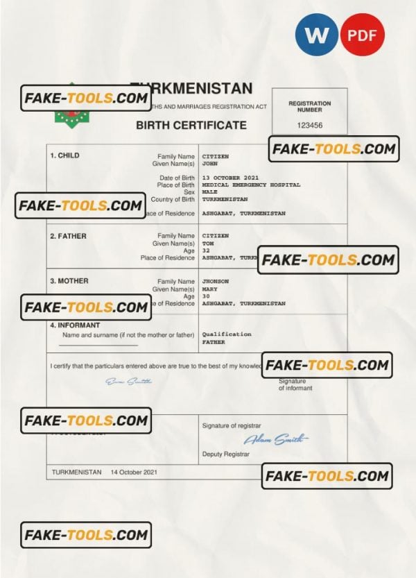 Turkmenistan vital record birth certificate Word and PDF template, completely editable