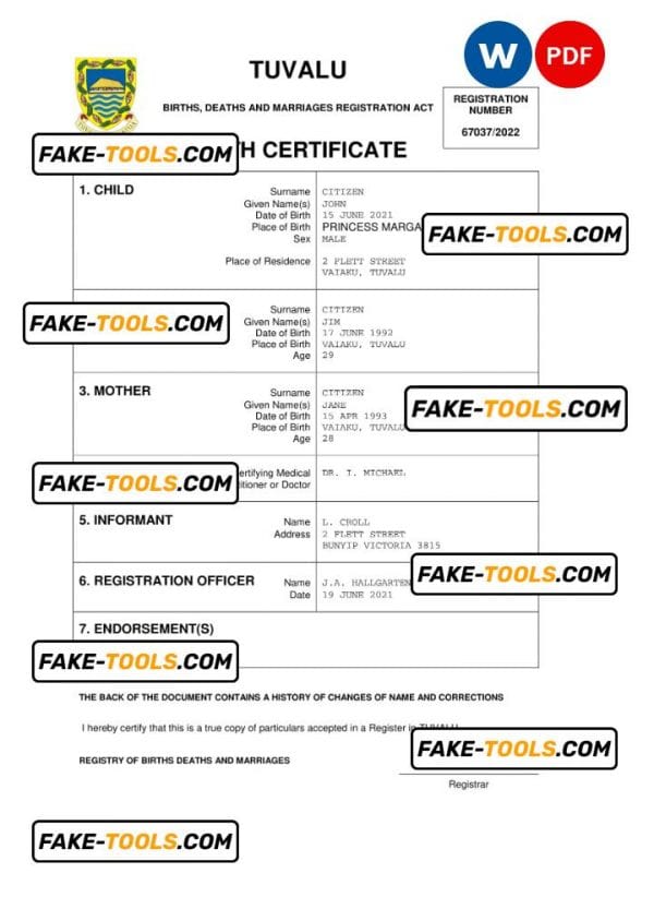 Tuvalu birth certificate Word and PDF template, completely editable