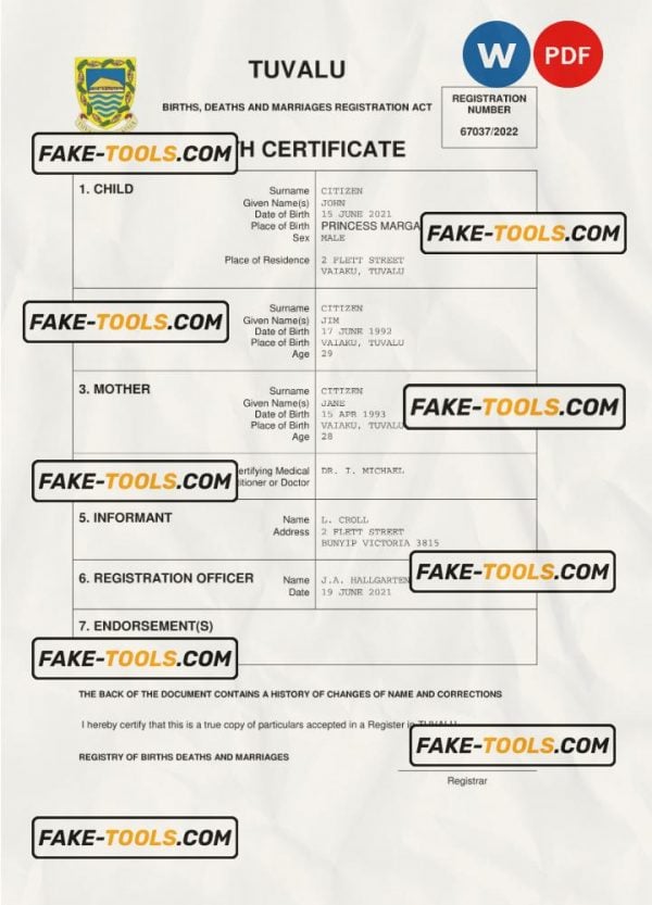 Tuvalu birth certificate Word and PDF template, completely editable