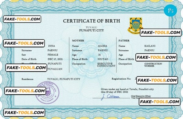 Tuvalu vital record birth certificate PSD template
