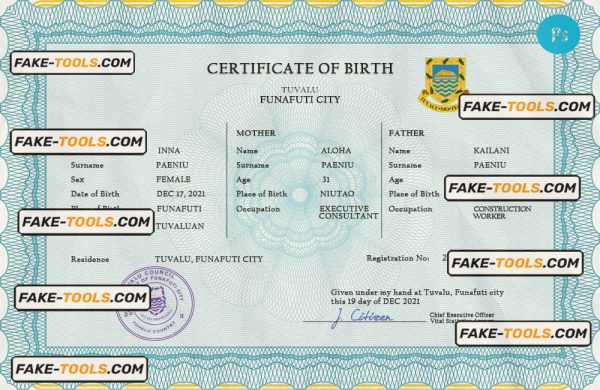 Tuvalu vital record birth certificate PSD template