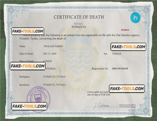 Tuvalu vital record death certificate PSD template, completely editable