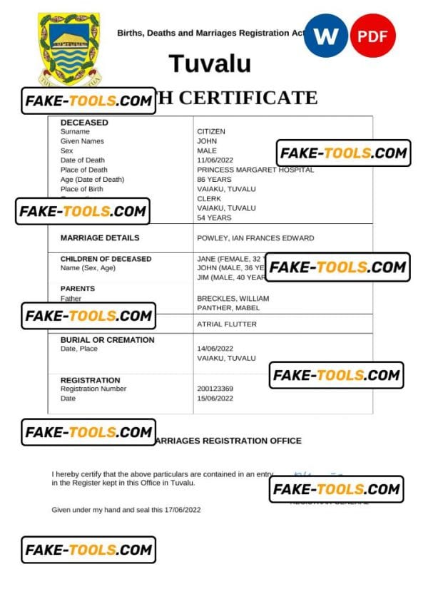 Tuvalu vital record death certificate Word and PDF template