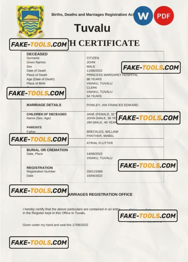 Tuvalu vital record death certificate Word and PDF template