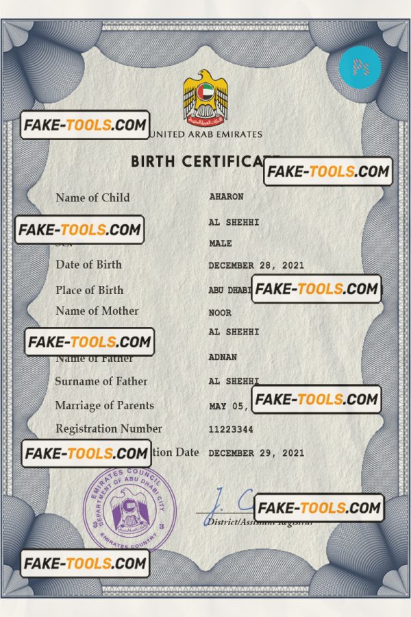 UAE vital record birth certificate PSD template
