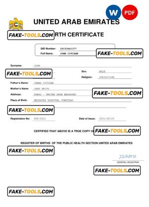 UAE vital record birth certificate Word and PDF template, completely editable