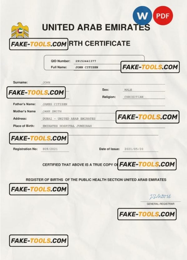 UAE vital record birth certificate Word and PDF template, completely editable