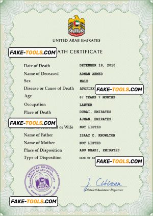 UAE vital record death certificate PSD template, completely editable