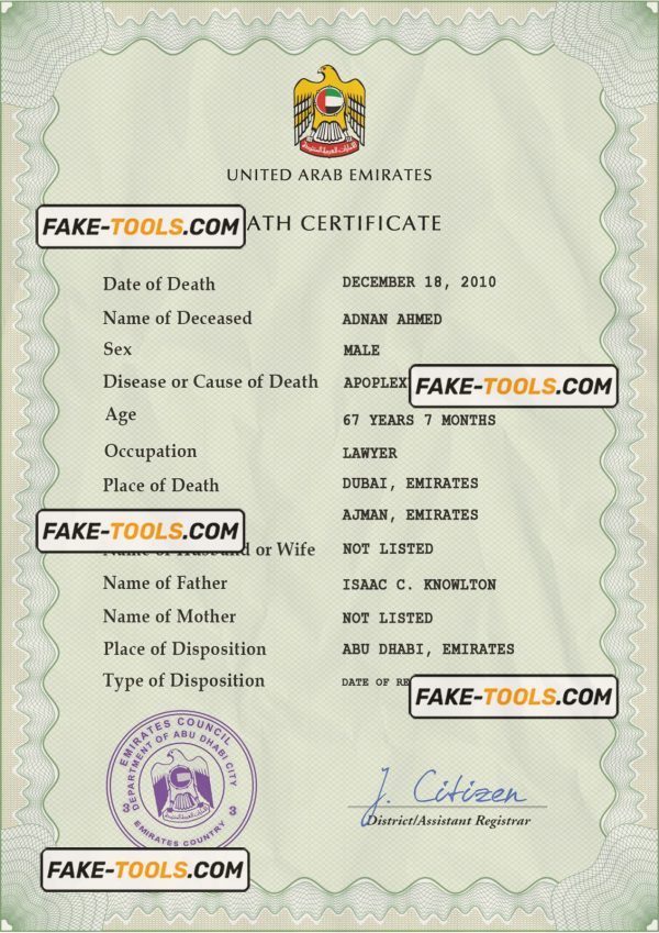 UAE vital record death certificate PSD template, completely editable