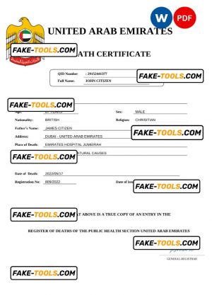 UAE vital record death certificate Word and PDF template