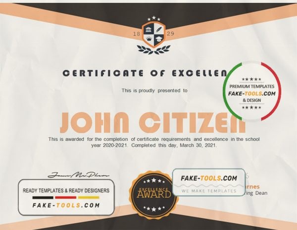 USA Academic Certificate template in Word and PDF format