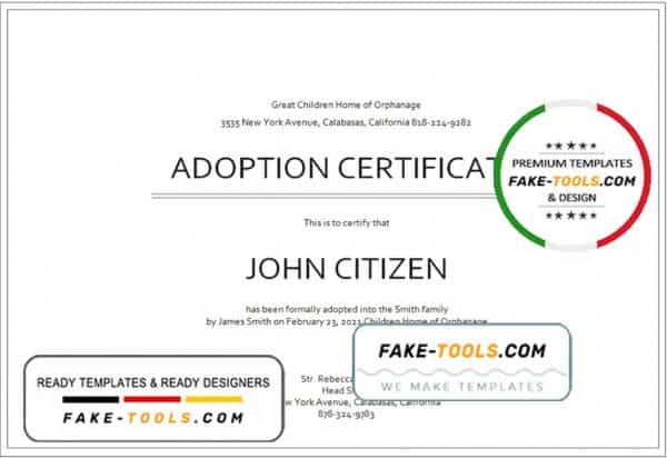 USA Adoption Certificate template in Word and PDF format