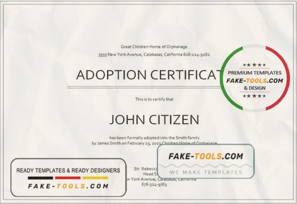 USA Adoption Certificate template in Word and PDF format