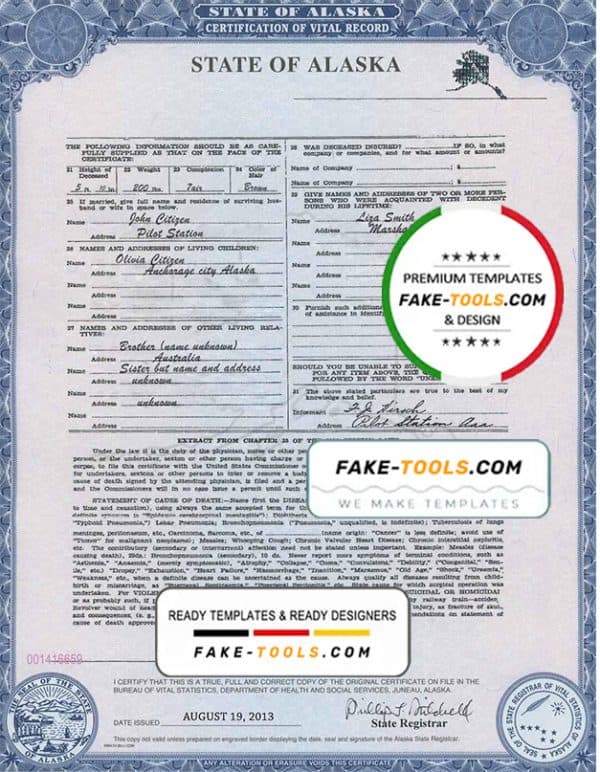 USA Alaska state birth certificate template in PSD format, fully editable