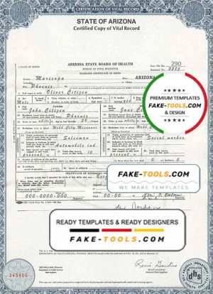 USA Arizona state birth certificate template in PSD format, fully editable