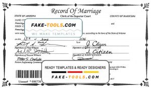 USA Arizona state marriage certificate template in PSD format
