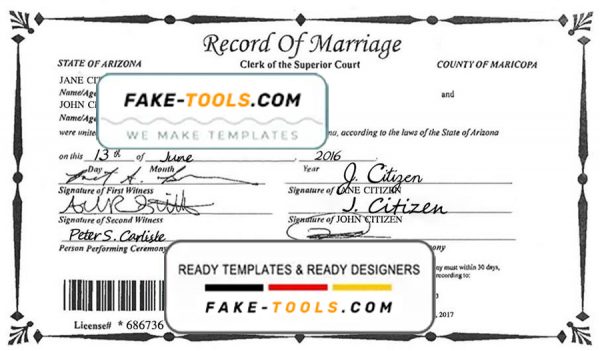 USA Arizona state marriage certificate template in PSD format