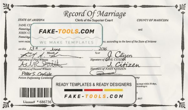 USA Arizona state marriage certificate template in PSD format