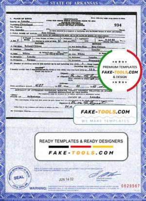 USA Arkansas state birth certificate template in PSD format, fully editable