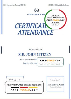 USA Attendance Certificate template in Word and PDF format