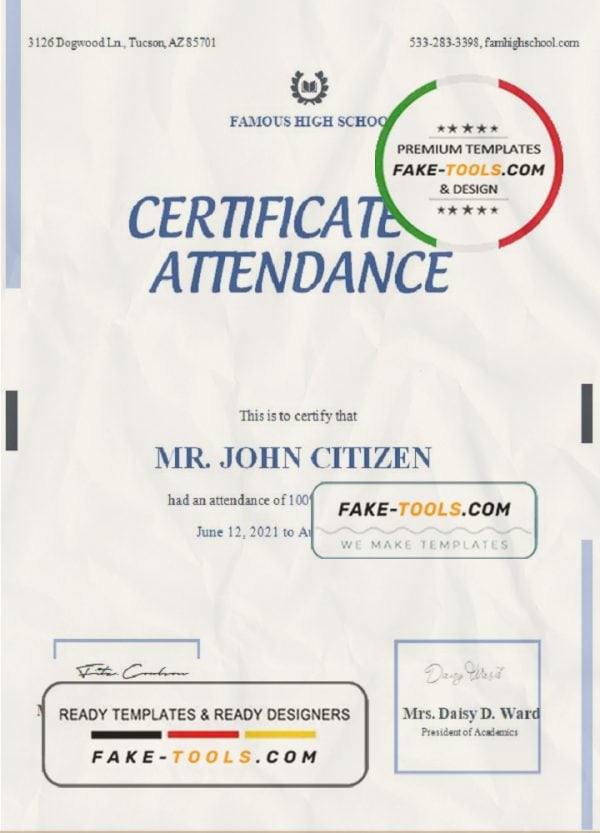 USA Attendance Certificate template in Word and PDF format