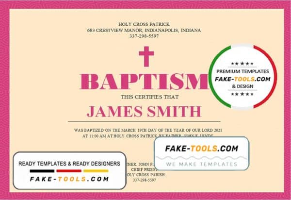 USA Baptism Certificate template in Word and PDF format