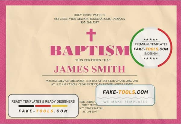 USA Baptism Certificate template in Word and PDF format