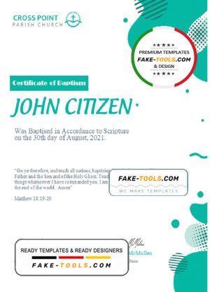 USA Baptism Certificate template in Word and PDF format, version 2