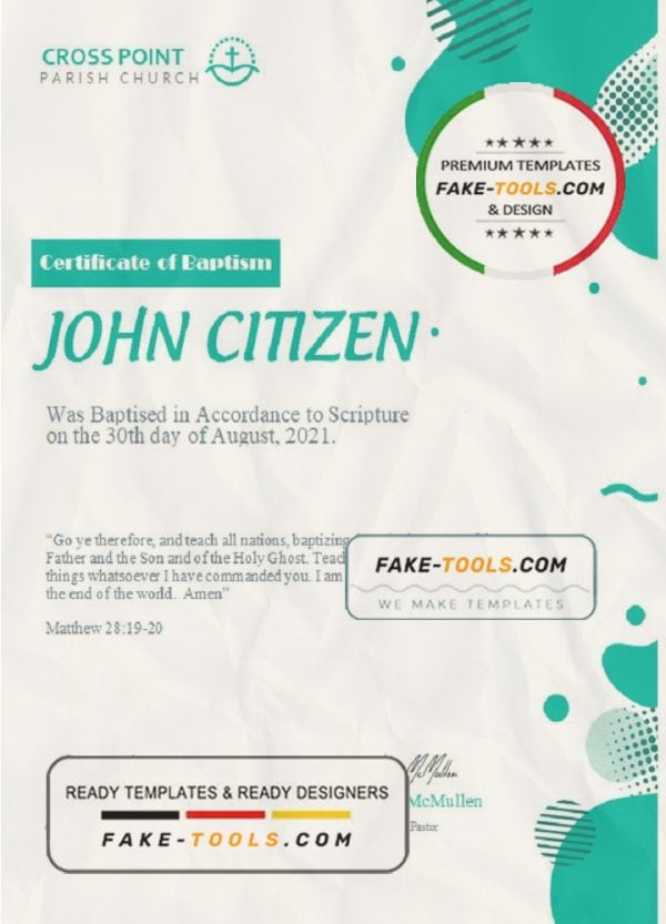 USA Baptism Certificate template in Word and PDF format, version 2