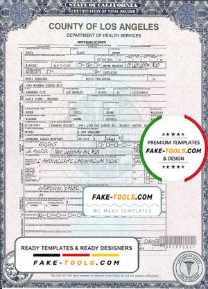 USA California Death Certificate template in PSD format